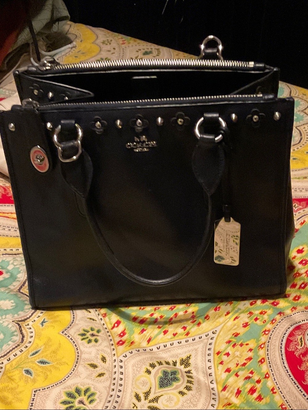 Coach Dark Blue(almost black)Leather Stud-Trim Satchel Bag